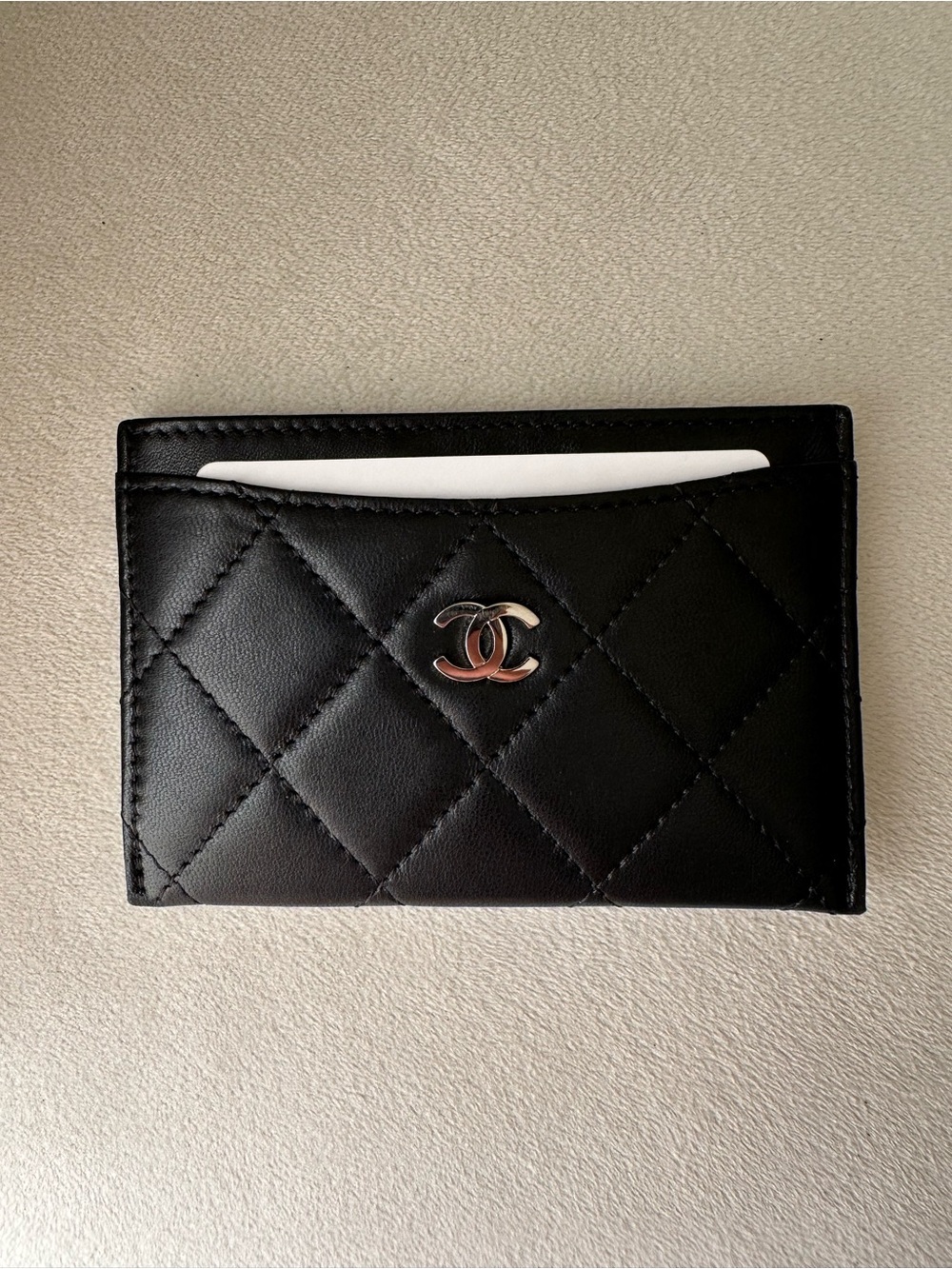 CHANEL Black Quilted Card Holder with Silver CC Logo